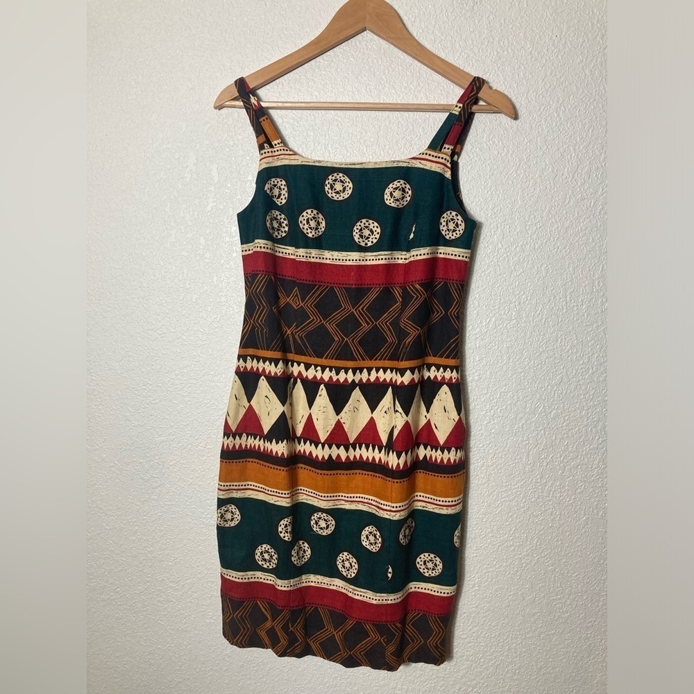 Andrea Jovine 100% linen Aztec southwest festive print bodycon sundress dress 4